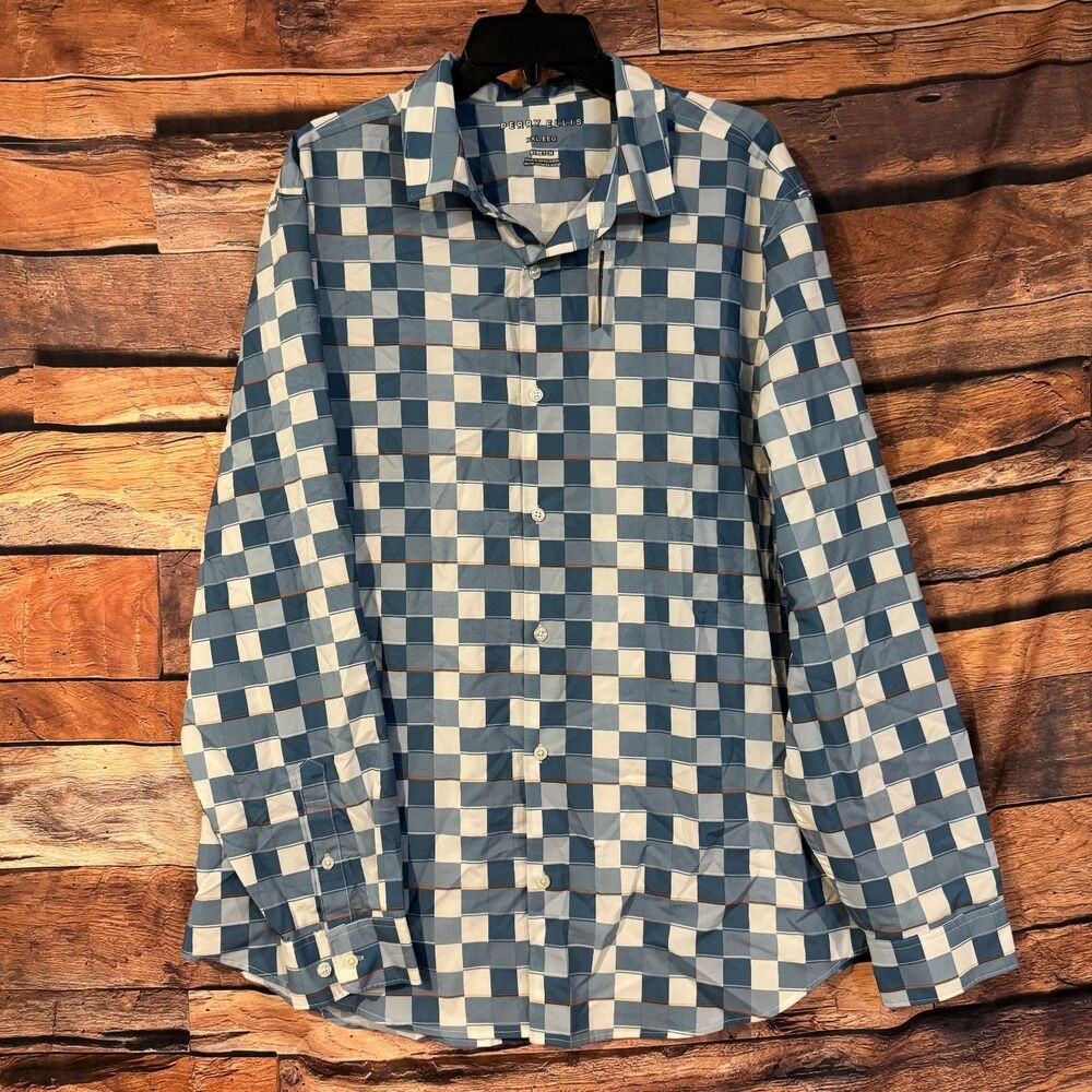 Perry Ellis Men’s Casual Button-Down Shirt Blue White XXL Stretch
